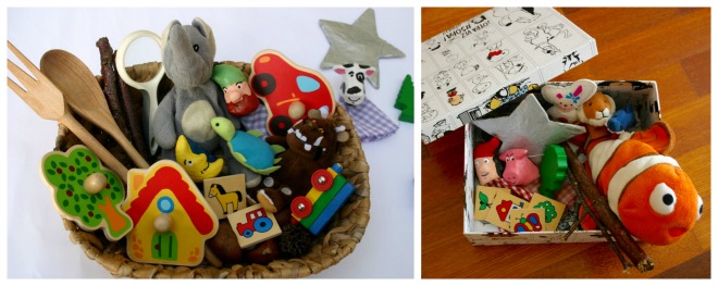 Actividad infantil creativa: Cesta, caja con objetos para inventar historias
